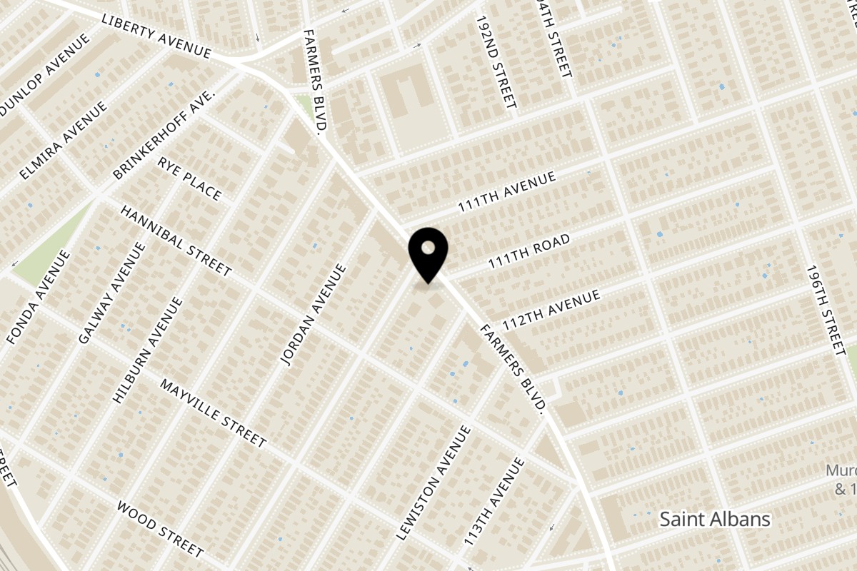 Map showing the location of Farmers Pizza on 111-36 Farmers Blvd in St. Albans
